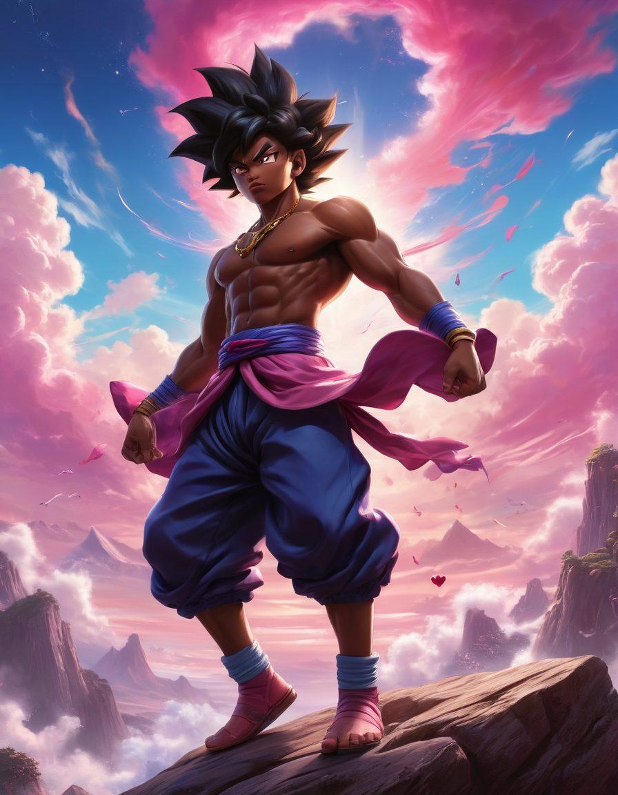 A dynamic scene featuring a fusion of characters inspired by Black Goku, embodying strength and intensity, surrounded by vibrant, playful elements from animated erotica. Incorporate whimsical visuals like oversized hearts and dreamy clouds, set against a colorful, cosmic backdrop that highlights the multifaceted nature of animation. The composition should evoke a sense of adventure and allure, merging powerful imagery with cheeky elements. vibrant colors. fantasy art. super-realistic.