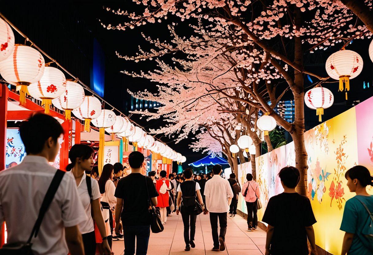 A vibrant scene showcasing diverse individuals in intricate anime-inspired costumes, exploring a bustling convention filled with colorful booths and artworks. Enthusiastic fans engaging in conversations, some taking pictures with life-size character cutouts, and the ambiance lit by neon lights portraying a magical atmosphere. Incorporate elements of Japanese culture in the background, like cherry blossoms and traditional lanterns, creating an inviting and whimsical feel. super-realistic. vibrant colors. 3D.